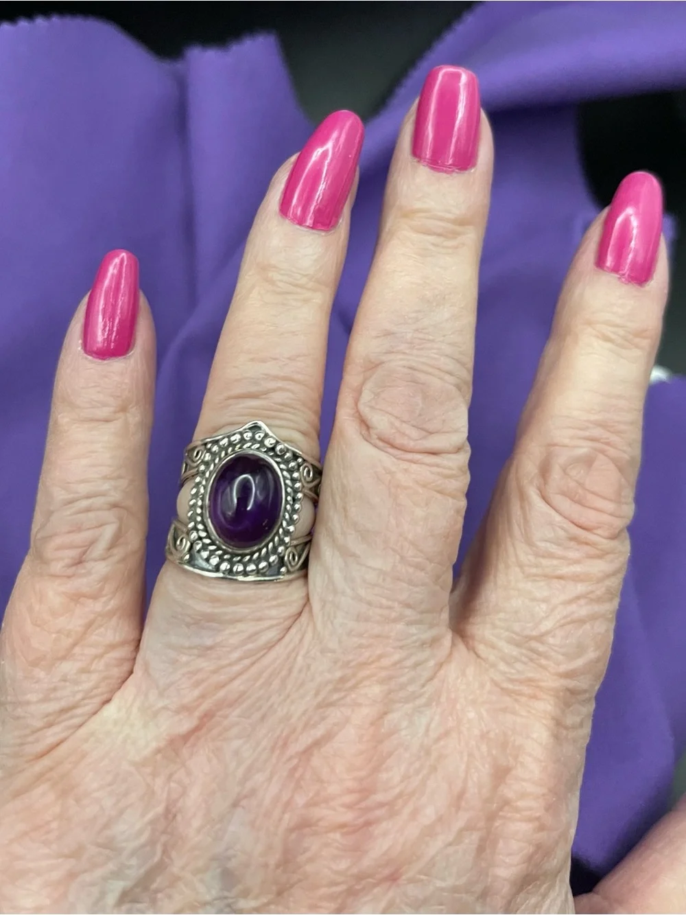 Vtg  SS  oval, amethyst statement, ring size 7 Boho wide band.   8.34  grams